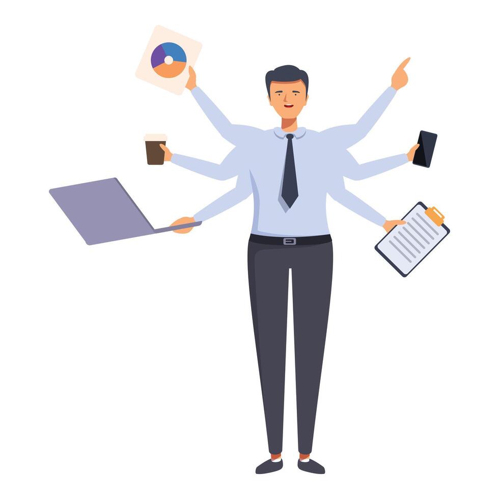 Success workaholic manager icon cartoon . Person multitask vector