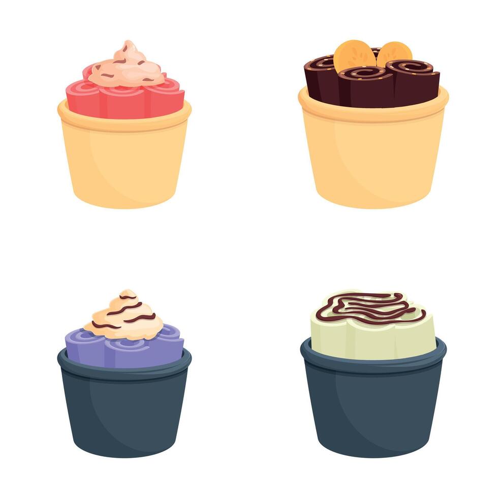 Rolled icecream icons set cartoon . Delicious rolled ice cream in cup vector
