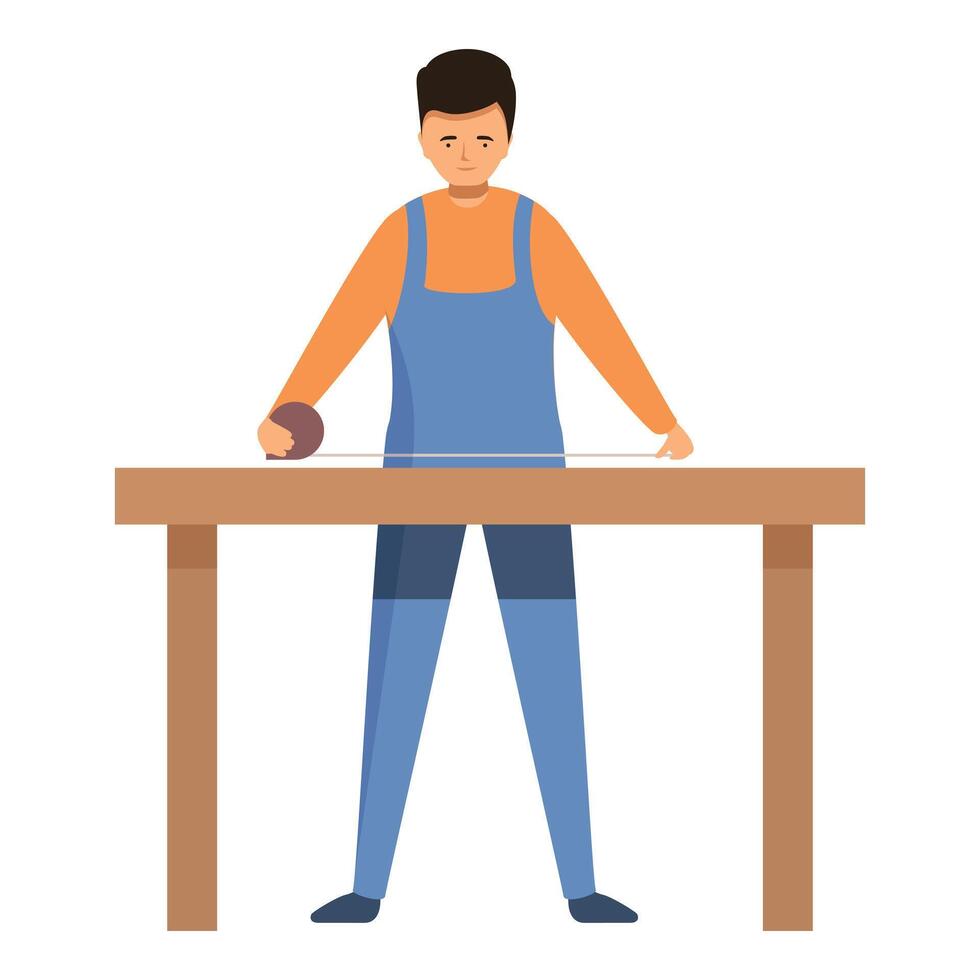 Carpenter make final measurement icon cartoon . Furniture fixing vector