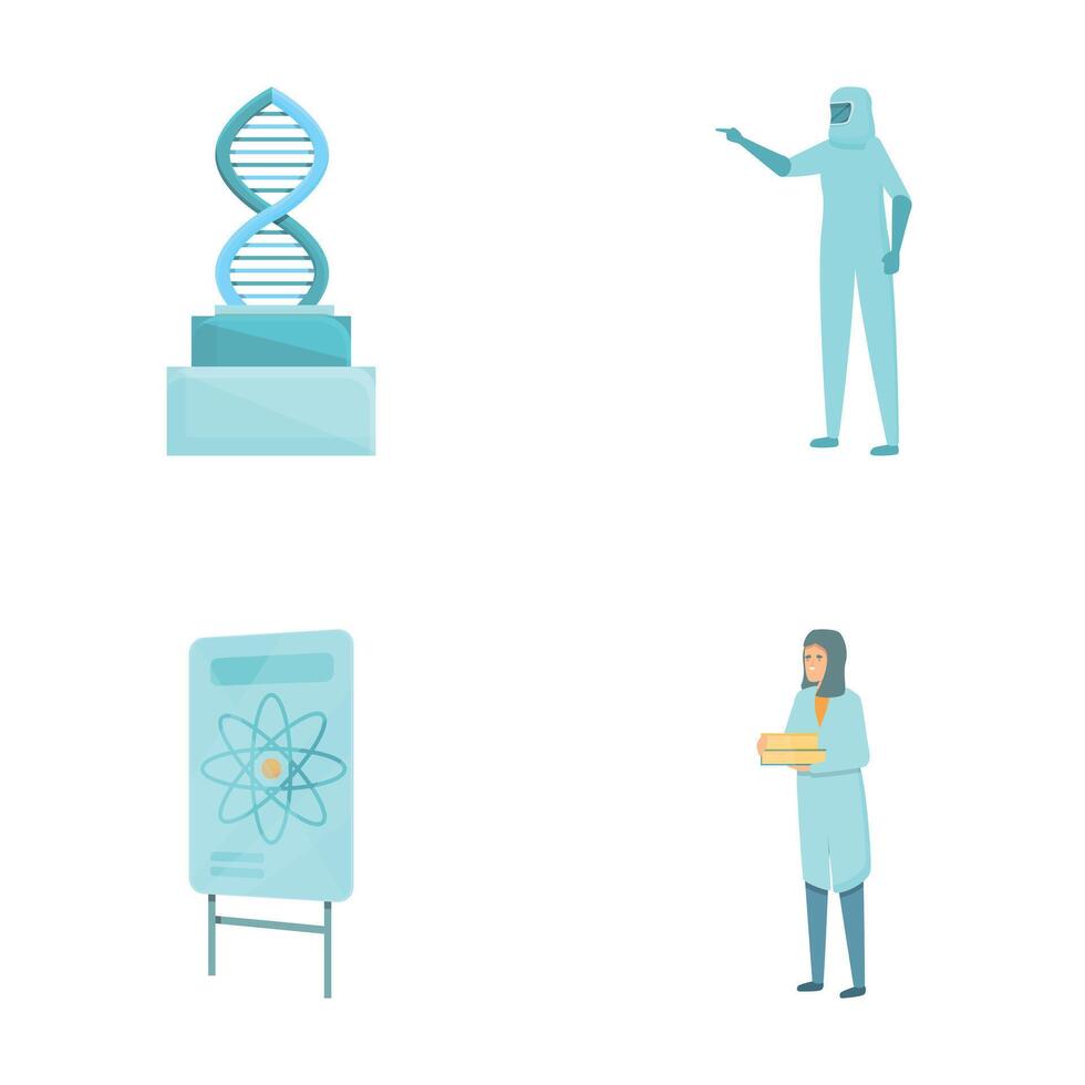 Genetic testing icons set cartoon . Scientist researching dna molecule vector