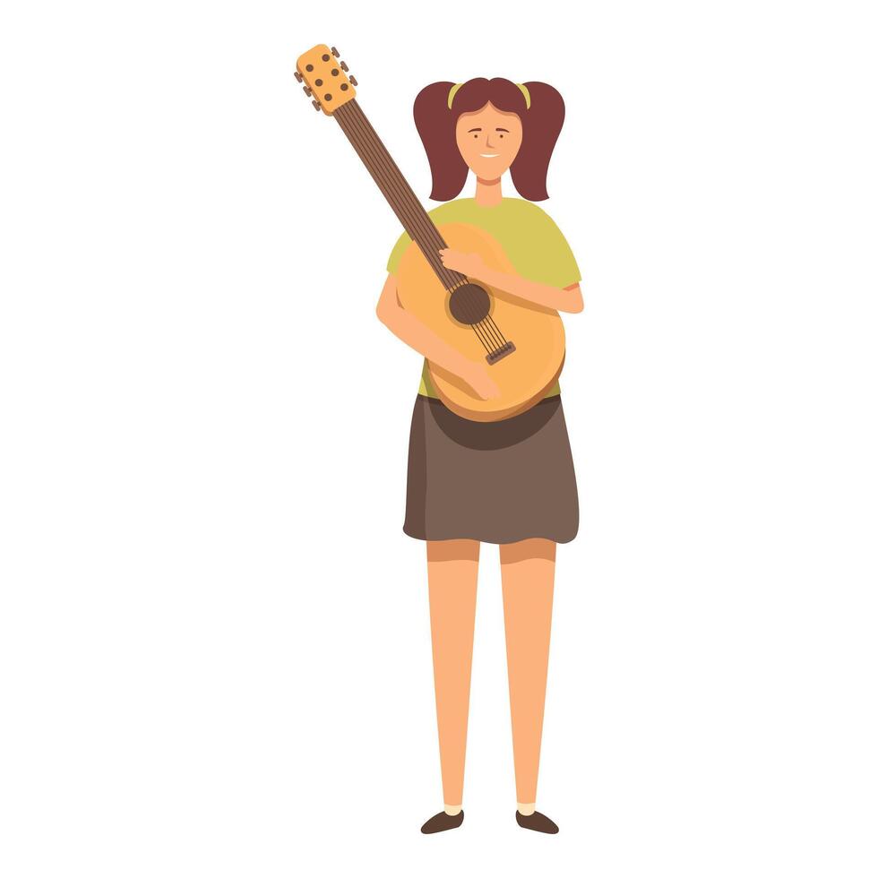 Smiling girl with guitar icon cartoon . Ready for new lesson vector