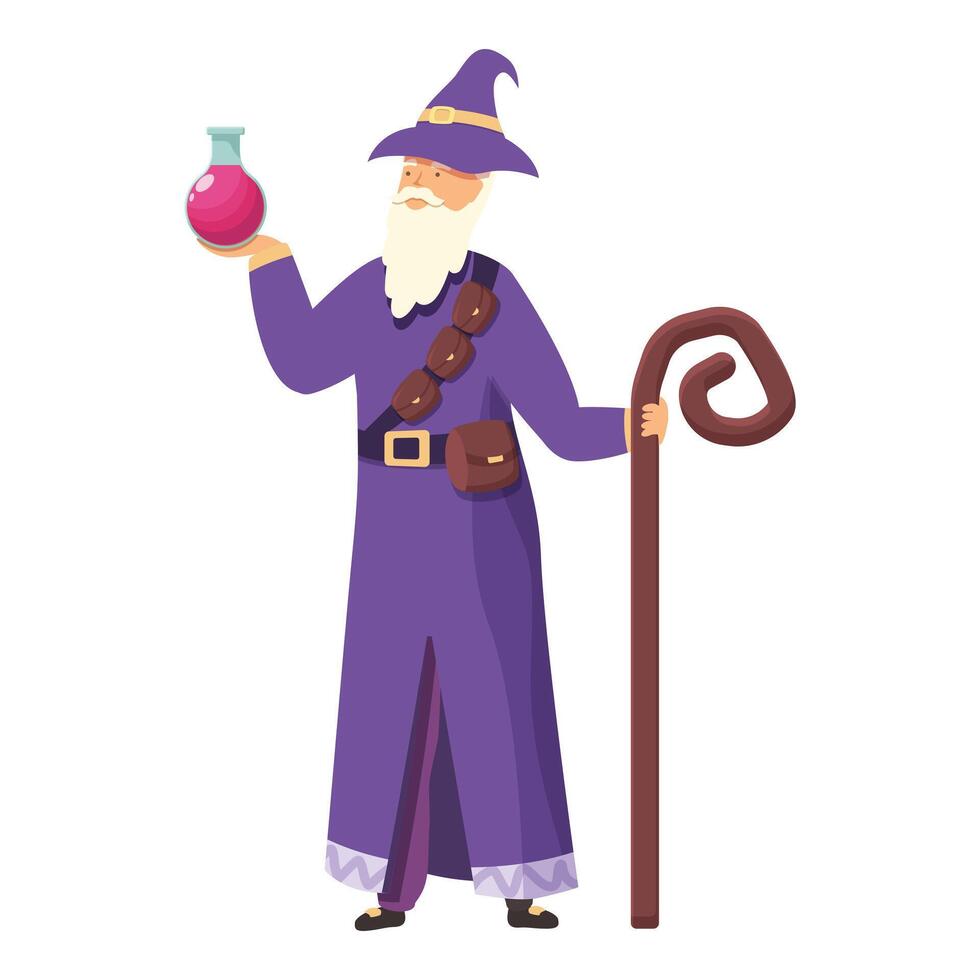 Old alchemist with magical potion icon cartoon . Liquid jar vector