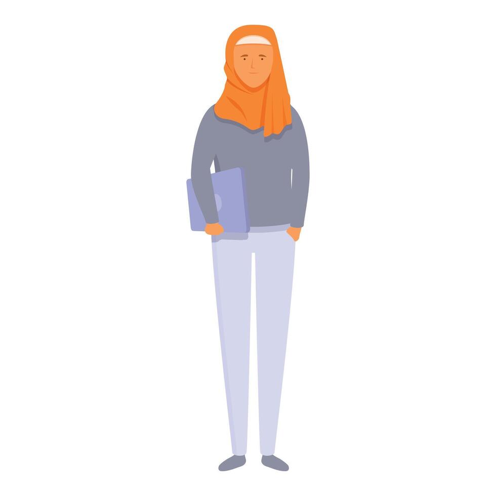 Happy arabian girl with laptop icon cartoon . Learning course vector