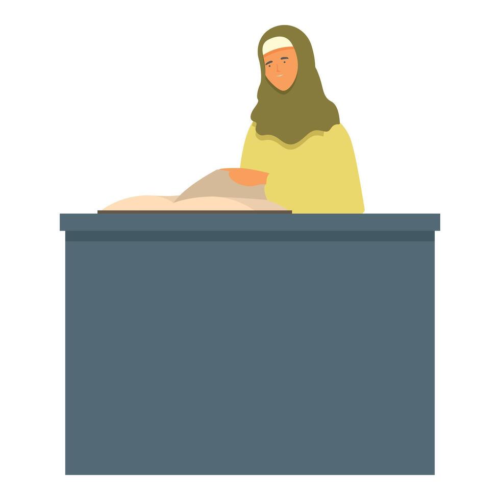 Woman hijab reading book on desk icon cartoon . Learning course vector