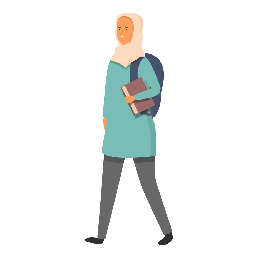 contento mujer hijab con mochila icono dibujos animados . con estudiar libro vector