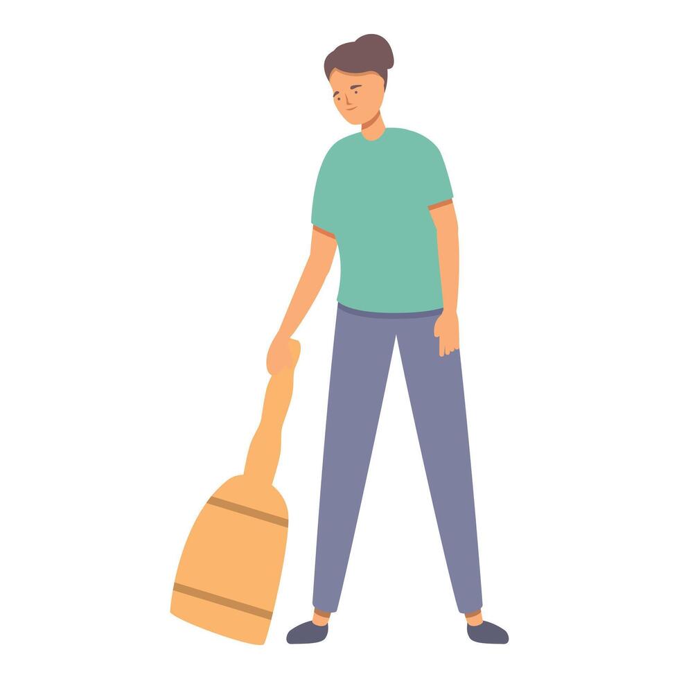 Mom sweeps floor icon cartoon . Room cleaning vector