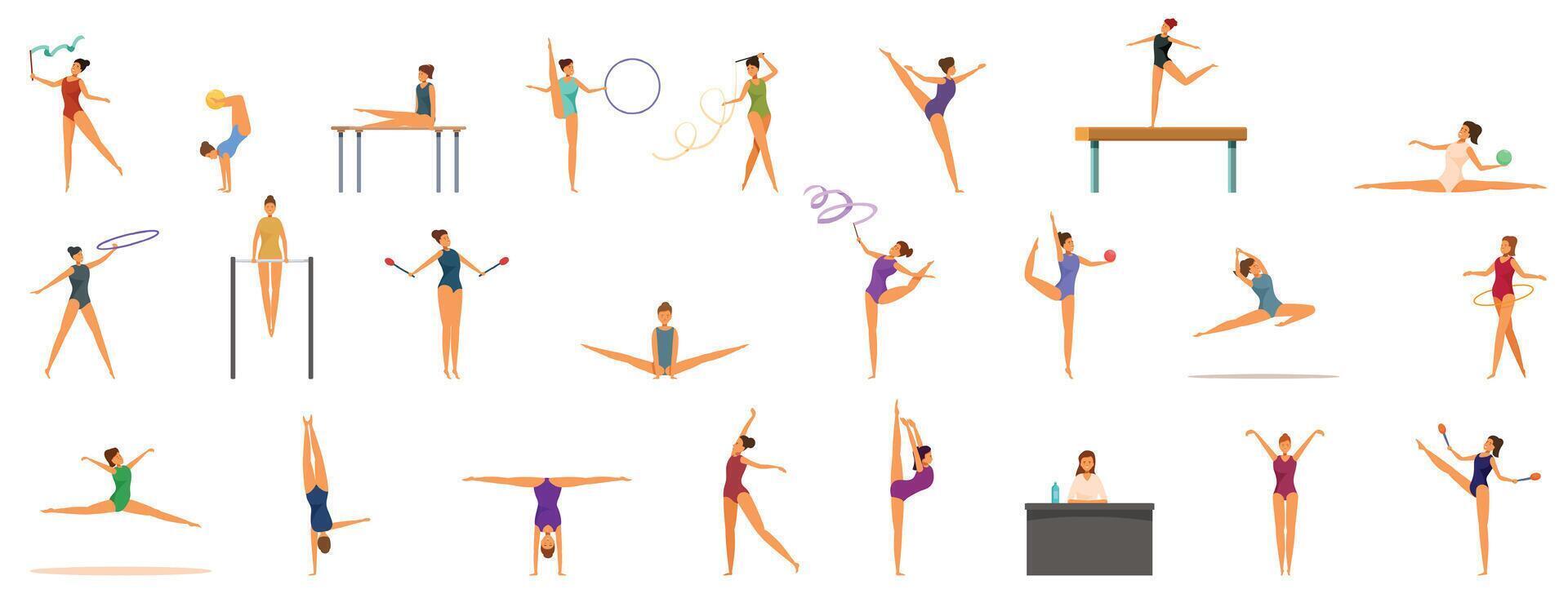 Artistic gymnast performance icons set cartoon . Sport balance vector