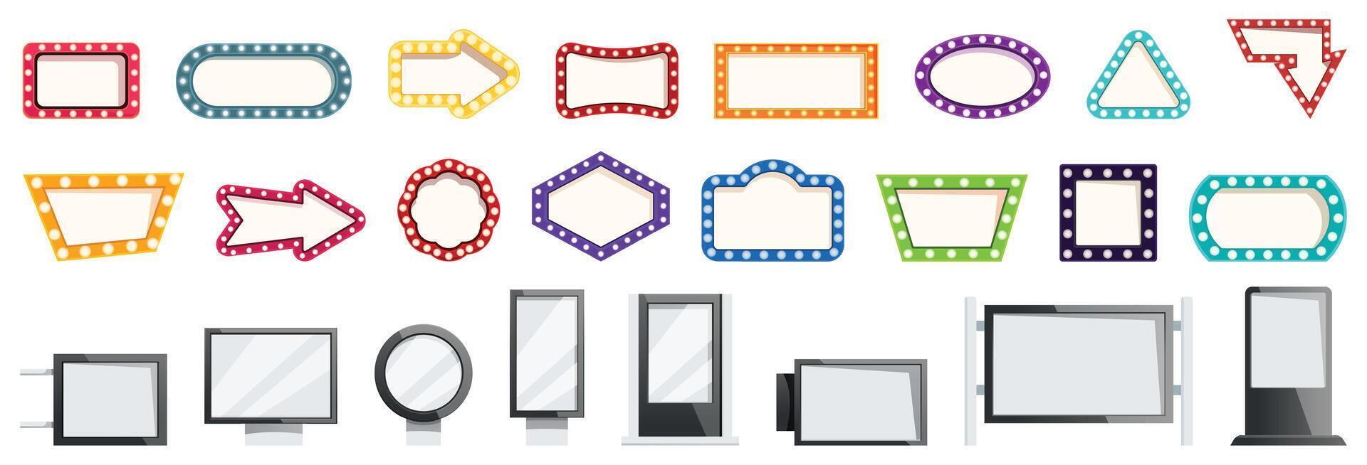Signboard lights promotion icons set cartoon . Neon public vector