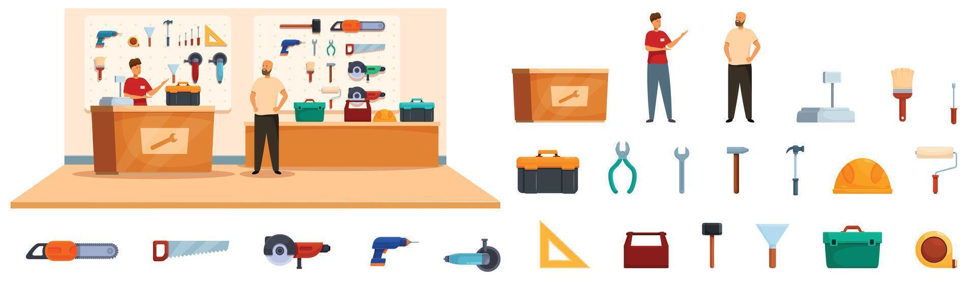 Man buy toolbox icons set cartoon . Construction fixing vector