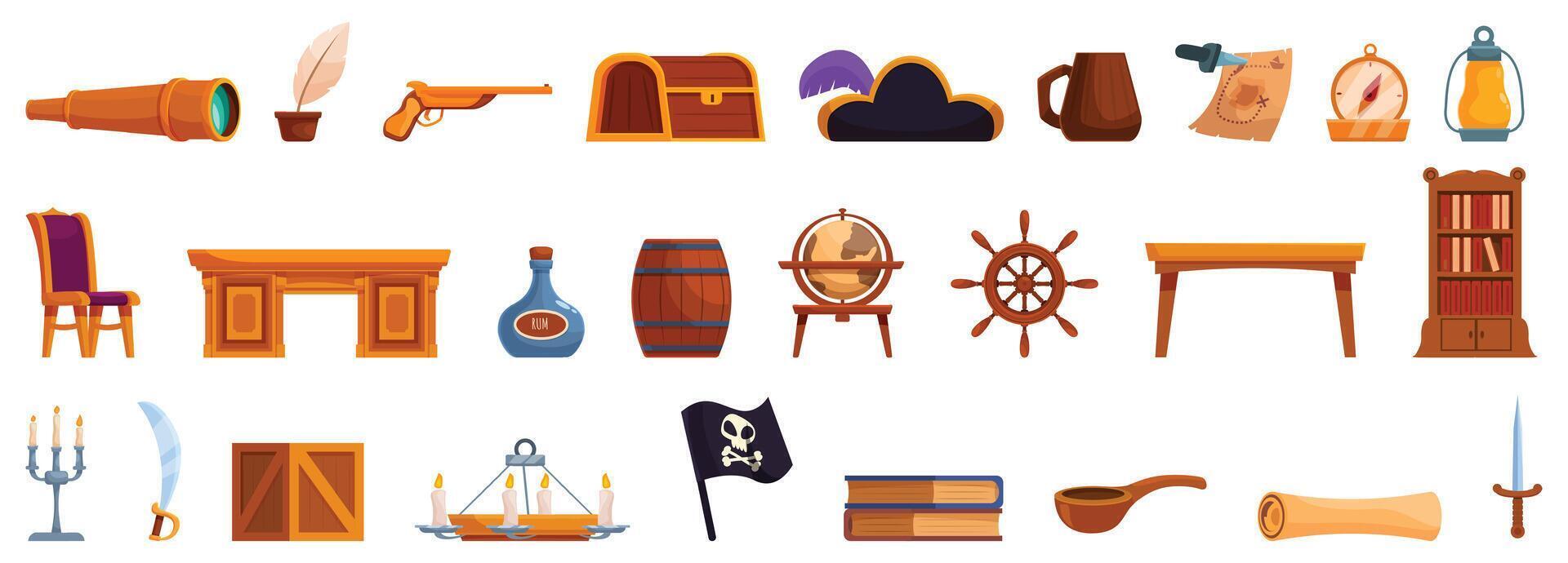 Pirate ship cabin icons set cartoon . Wooden desk vector