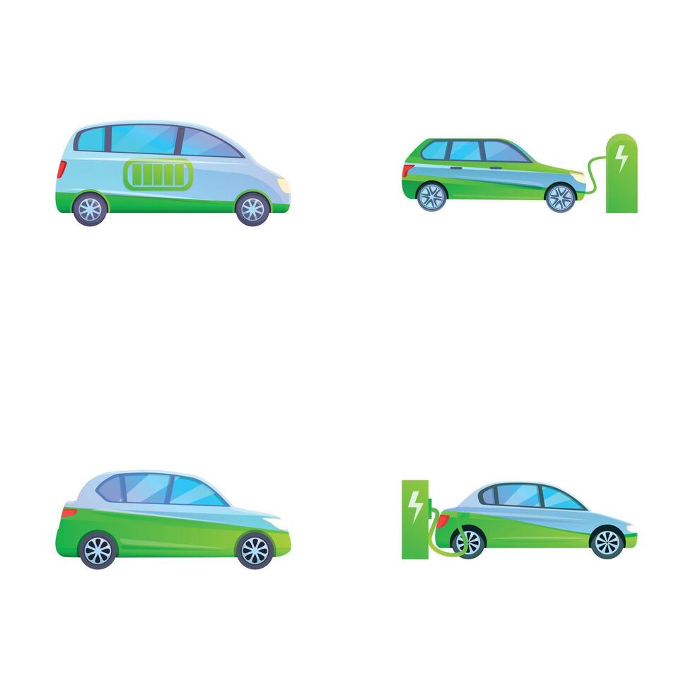 Electric automobile icons set cartoon . Sustainable and renewable power vector