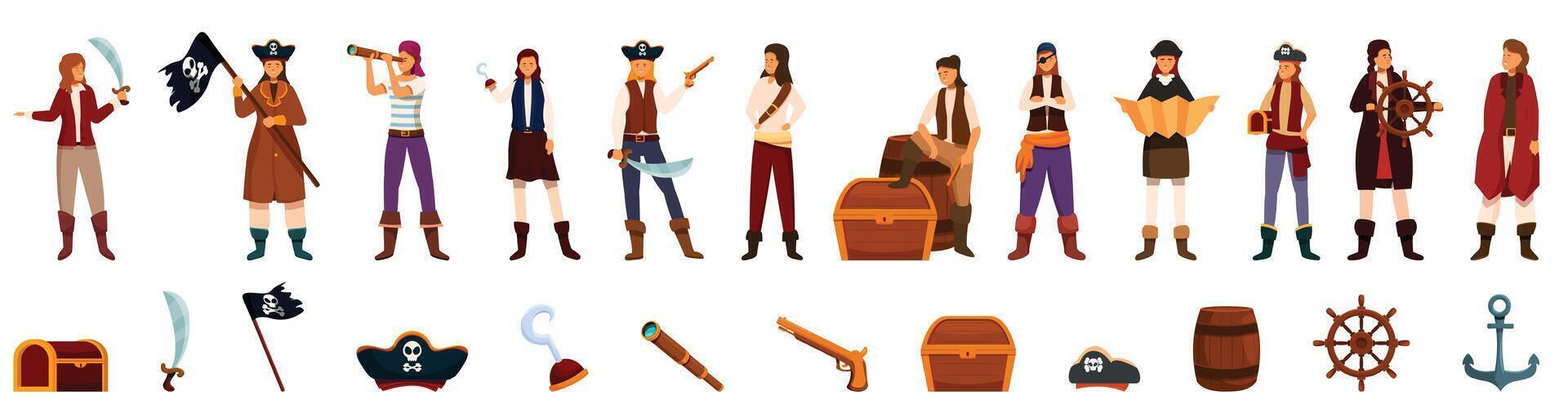 Girl pirate icons set cartoon . Corsair costume vector