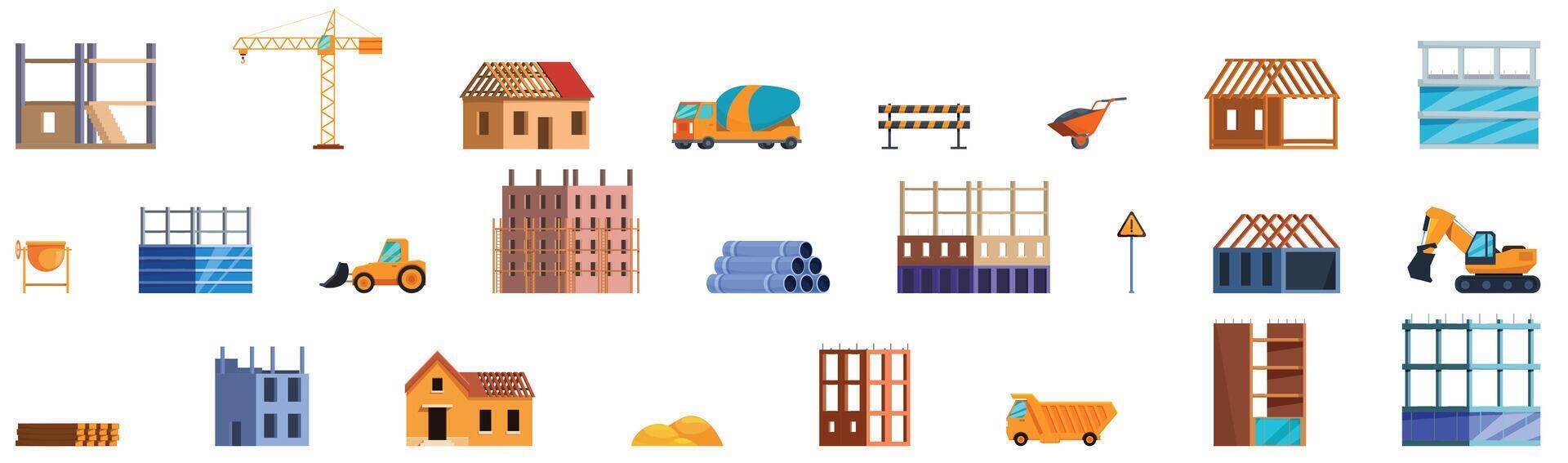 Unfinished house construction icons set cartoon . Stages level vector