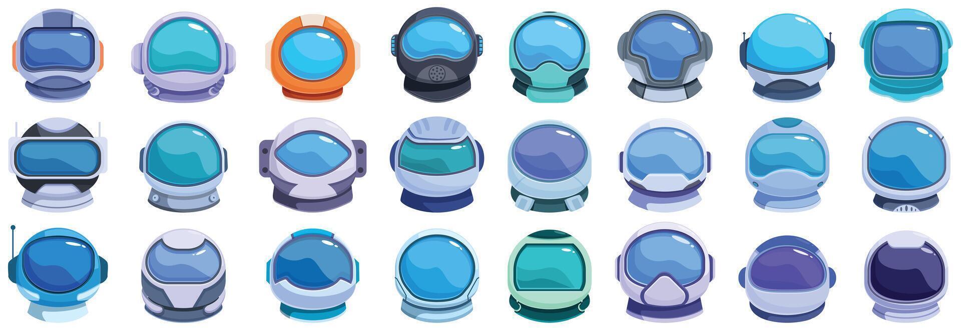 Cosmonaut helmet icons set cartoon . Suit clothing vector