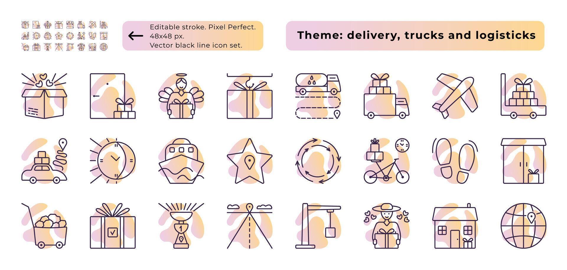 Supply chain, trucks, logistic, delivery. Line icon set with light gradient background. 24 signs 48x48 px editable stroke, pixel perfect and 300x300 px pictograms vector