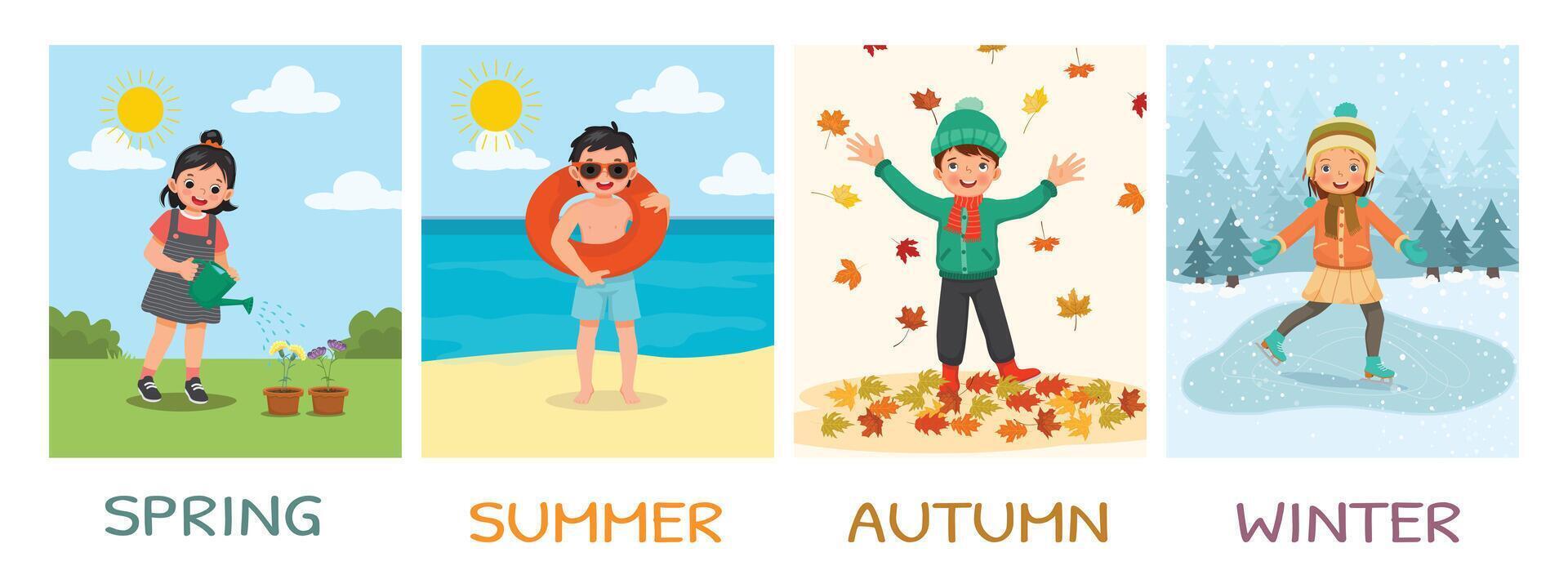 Happy kids different activities in four seasons spring, summer, autumn, winter vector