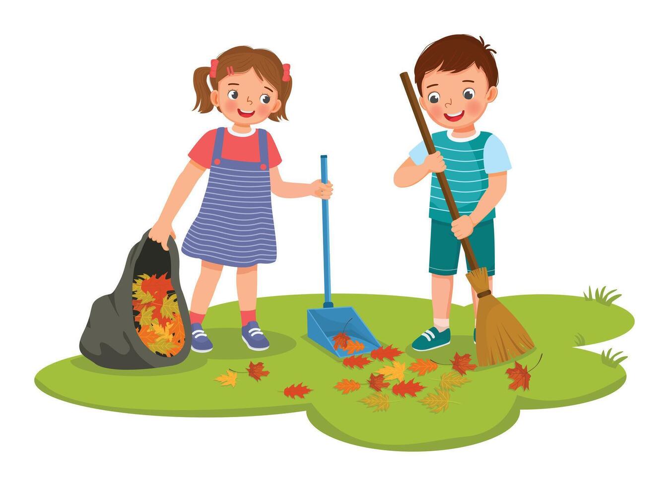 Happy little kids boy and girl raking fallen autumn leaves into plastic bag cleaning up in the garden together vector