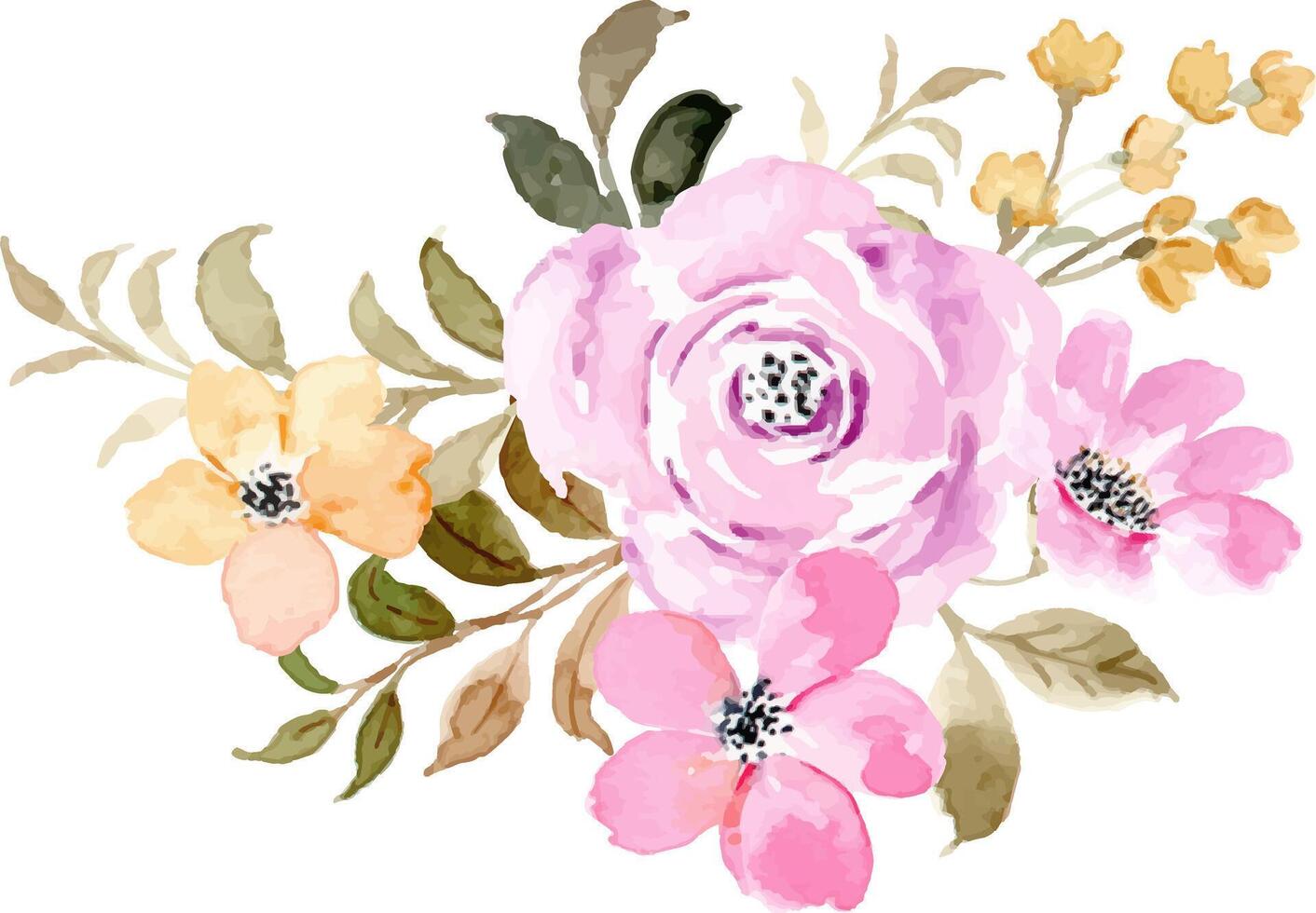 Pink yellow floral watercolor bouquet vector
