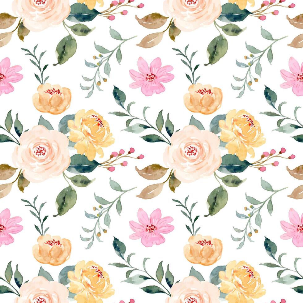 Yellow pink floral watercolor seamless pattern vector