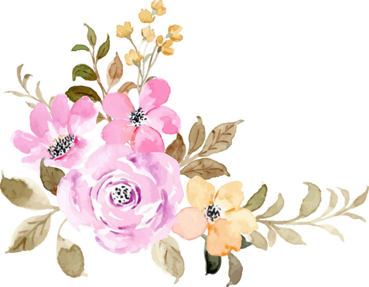 Pink yellow floral watercolor bouquet vector