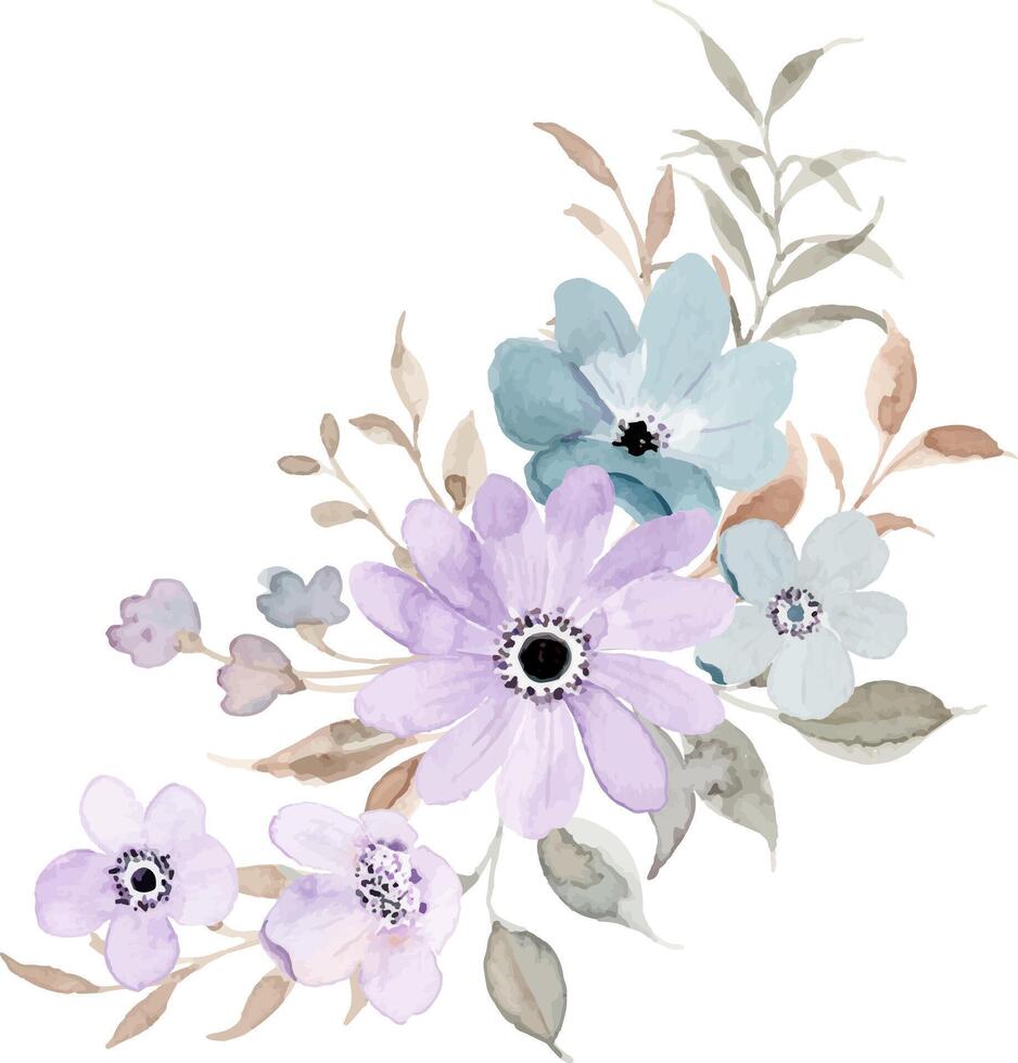 Purple blue floral watercolor bouquet vector