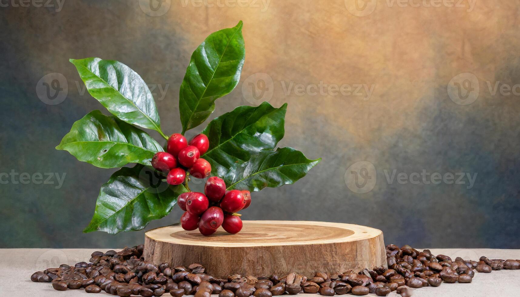 empty wood podium surrounded by coffee beans with coffee plant with red fruit photo