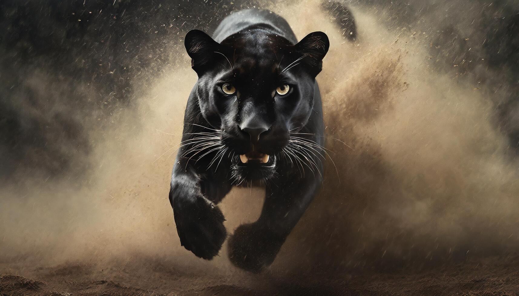 photography of black panther running in a cloud of dust photo