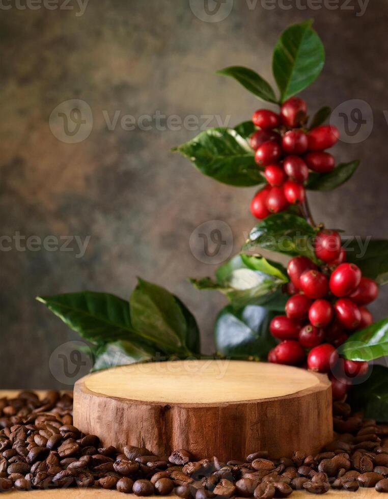 empty wood podium surrounded by coffee beans with coffee plant with red fruit photo