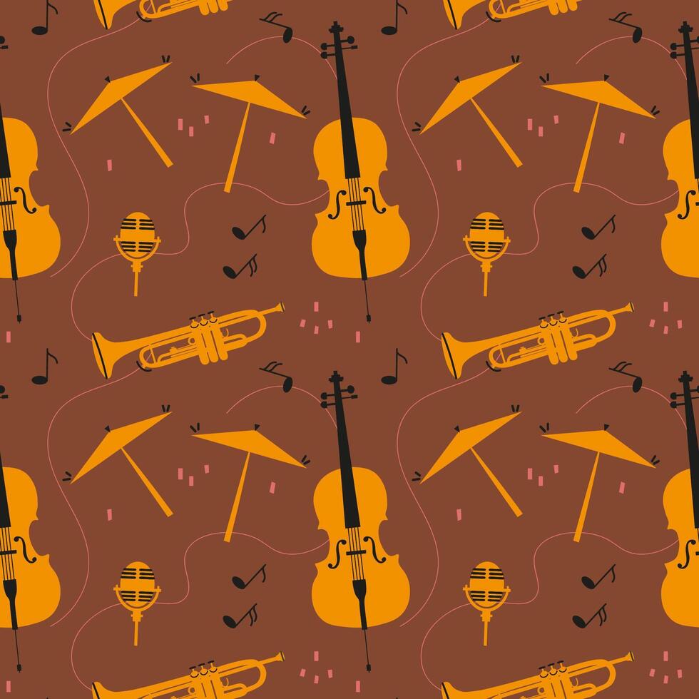 Seamless pattern with musical instruments with cello, trumpet, drums, double bass, microphone, notes. Hand drawn repeating texture background for music festival, jazz party. For print, paper, flyer vector