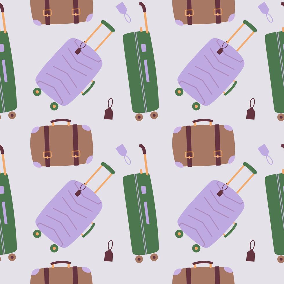 Suitcases Seamless background of old vintage and modern luggage, handbag. Hand drawn repeating pattern illustration. Trendy texture rapport, travel accessories, vacation, rest, holiday, voyage vector