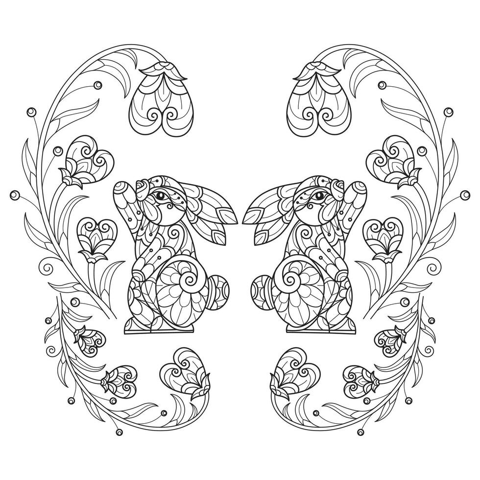 Rabbit and heart tree hand drawn for adult coloring book vector