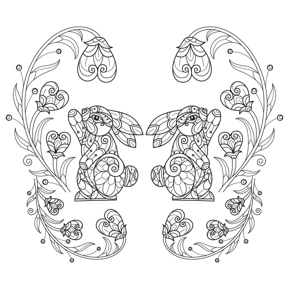 Rabbit and heart tree hand drawn for adult coloring book vector