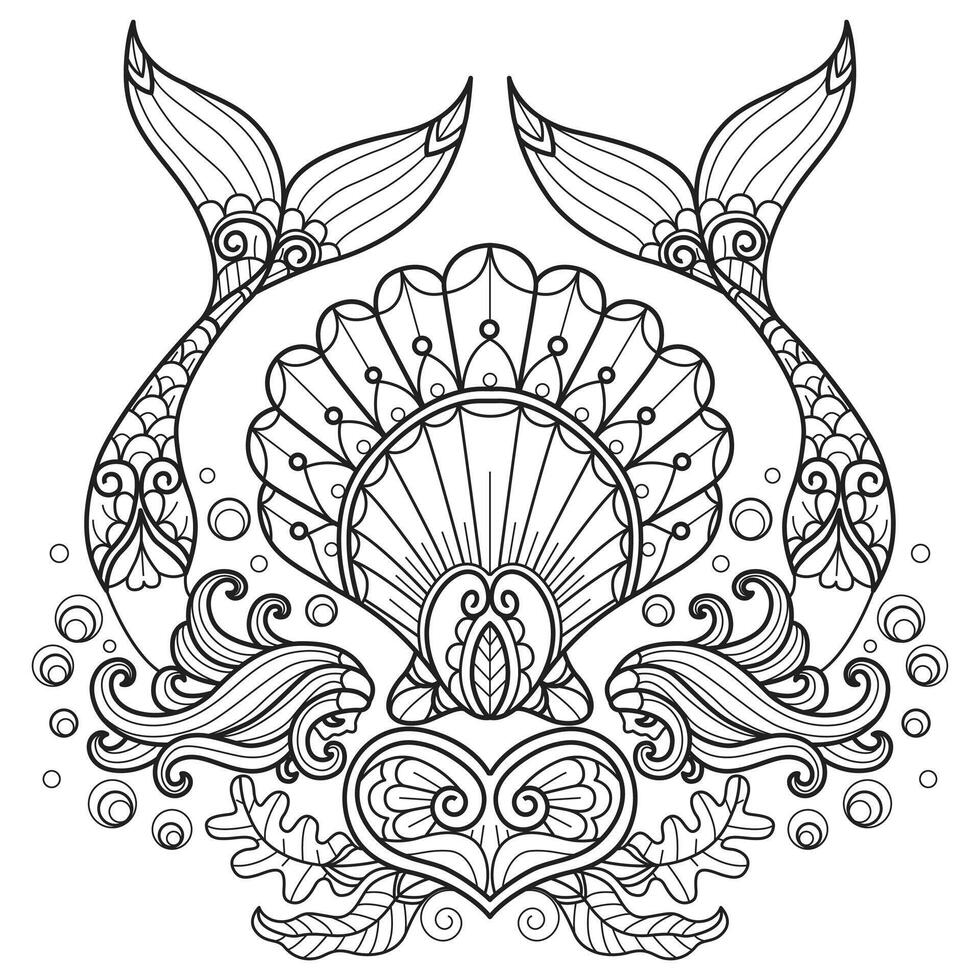 Shellfish and mermaid under the sea hand drawn for adult coloring book vector