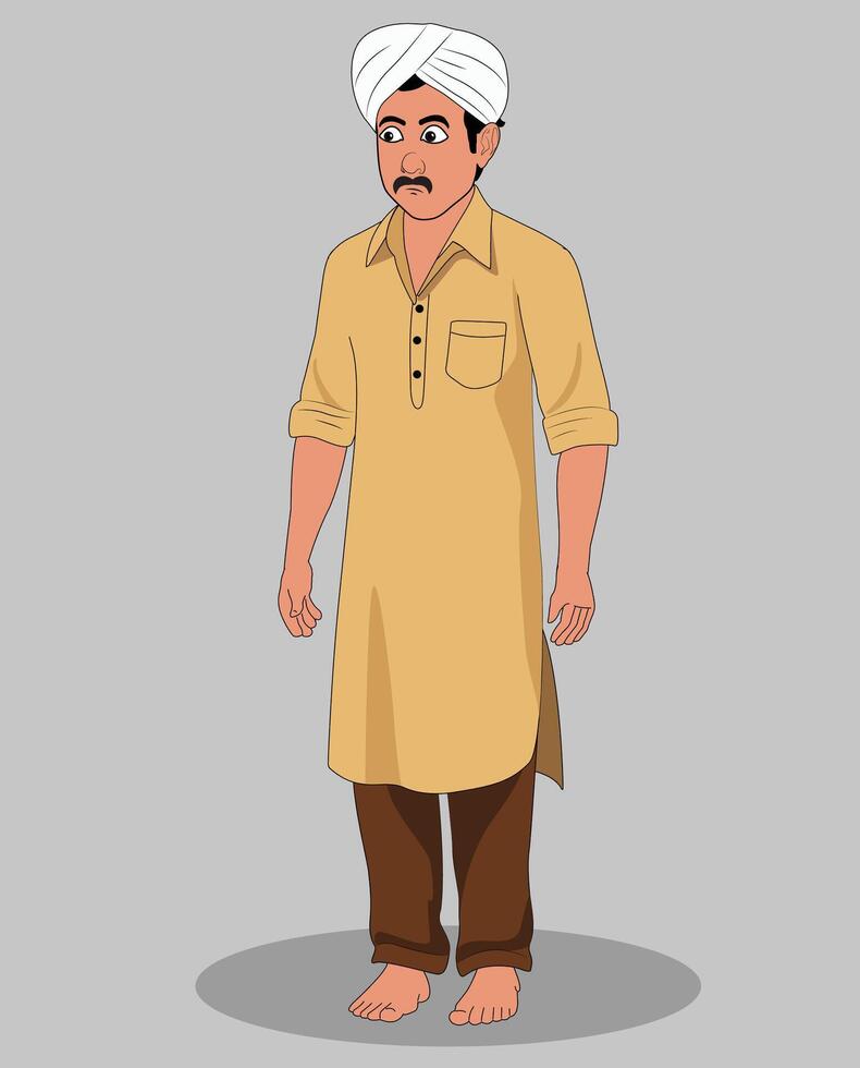 A village man wearing pagri three quarter view cartoon character design for animation vector
