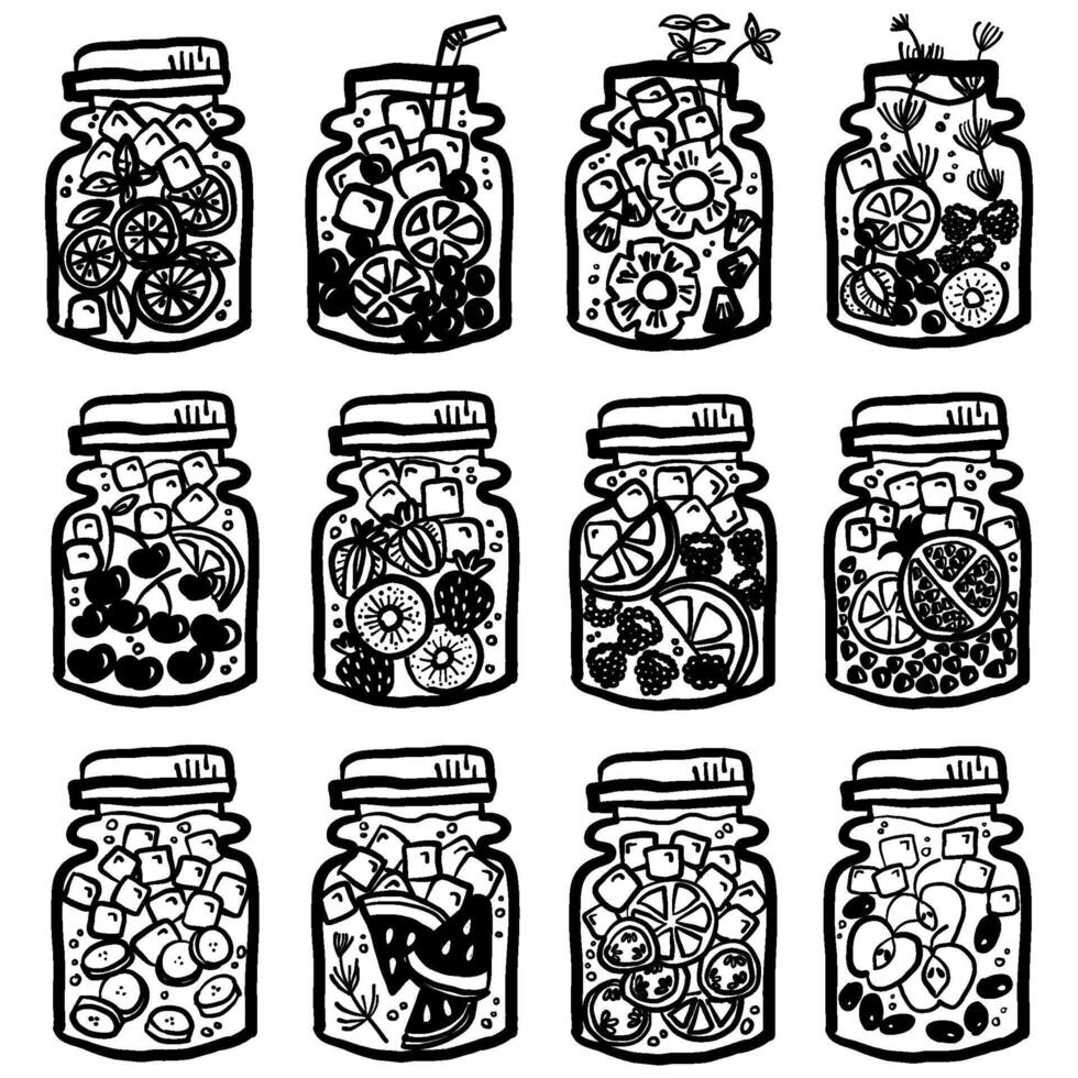 Hand Drawn Infused Water Jars with Fresh Fruits vector