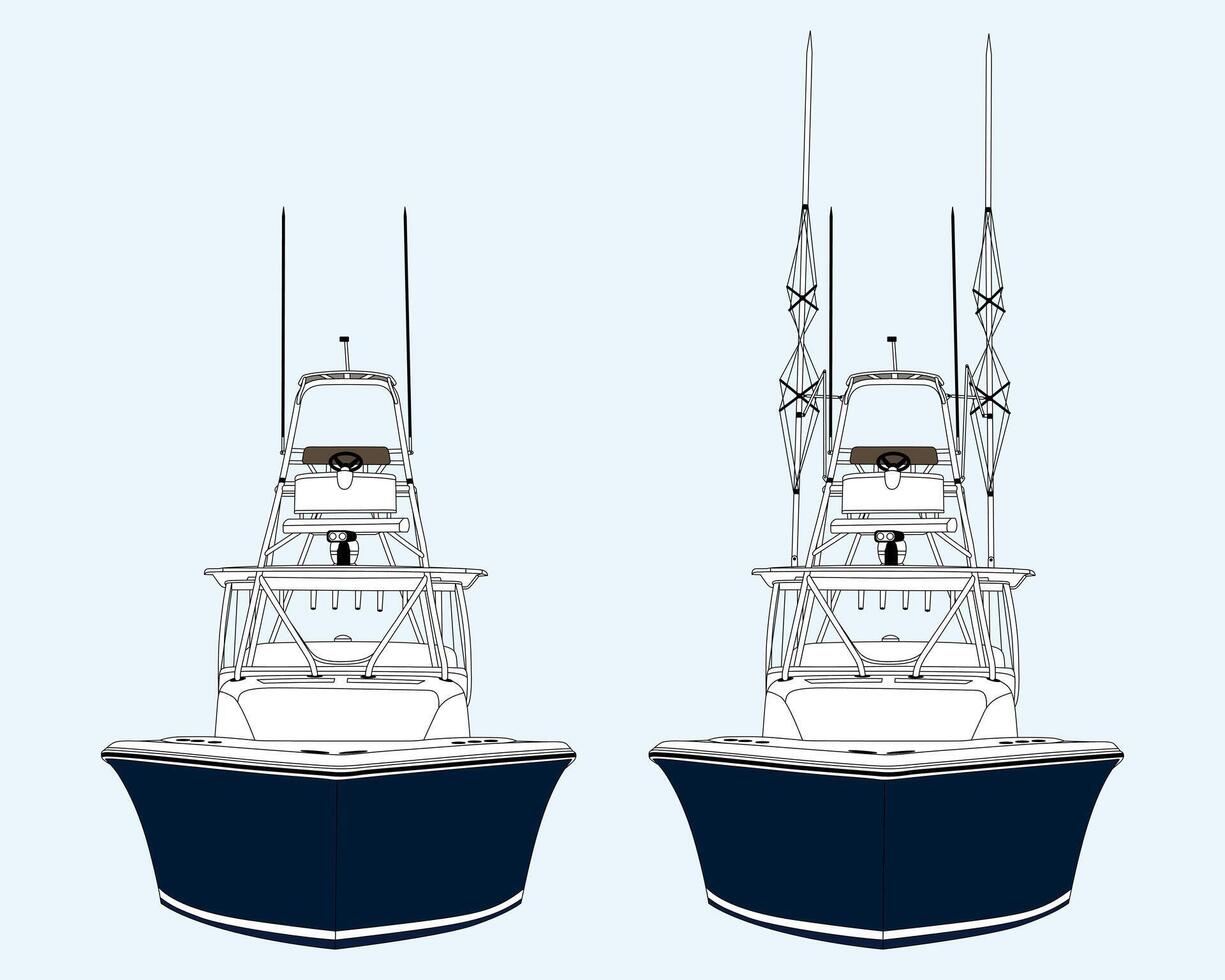High quality front view fishing boat illustration and line-art, Which printable on various materials. vector