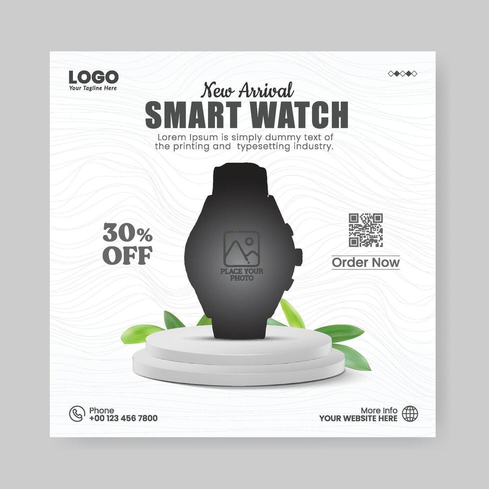 Smartwatch product promotion banner. New arrival smart watch web banner for social media post vector