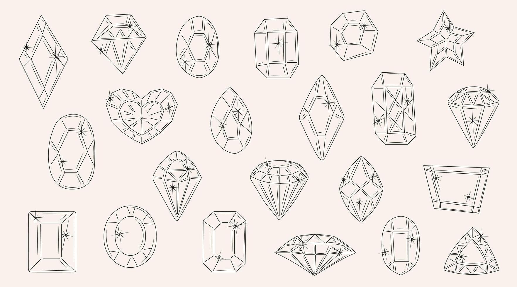 Set of outline jewels. Gemstones in hand drawn style. Symbols collection of diamonds, brilliants, quartz, minerals, crystals and gems. Doodle illustration. vector