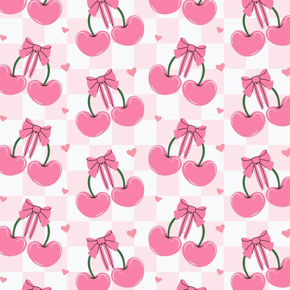 Seamless pattern of pink cherries and bows. Gift ribbons on checkered background. Coquette core cute trendy design. Design for wrapping paper, packaging, fabric, textile, home decor, gifts vector