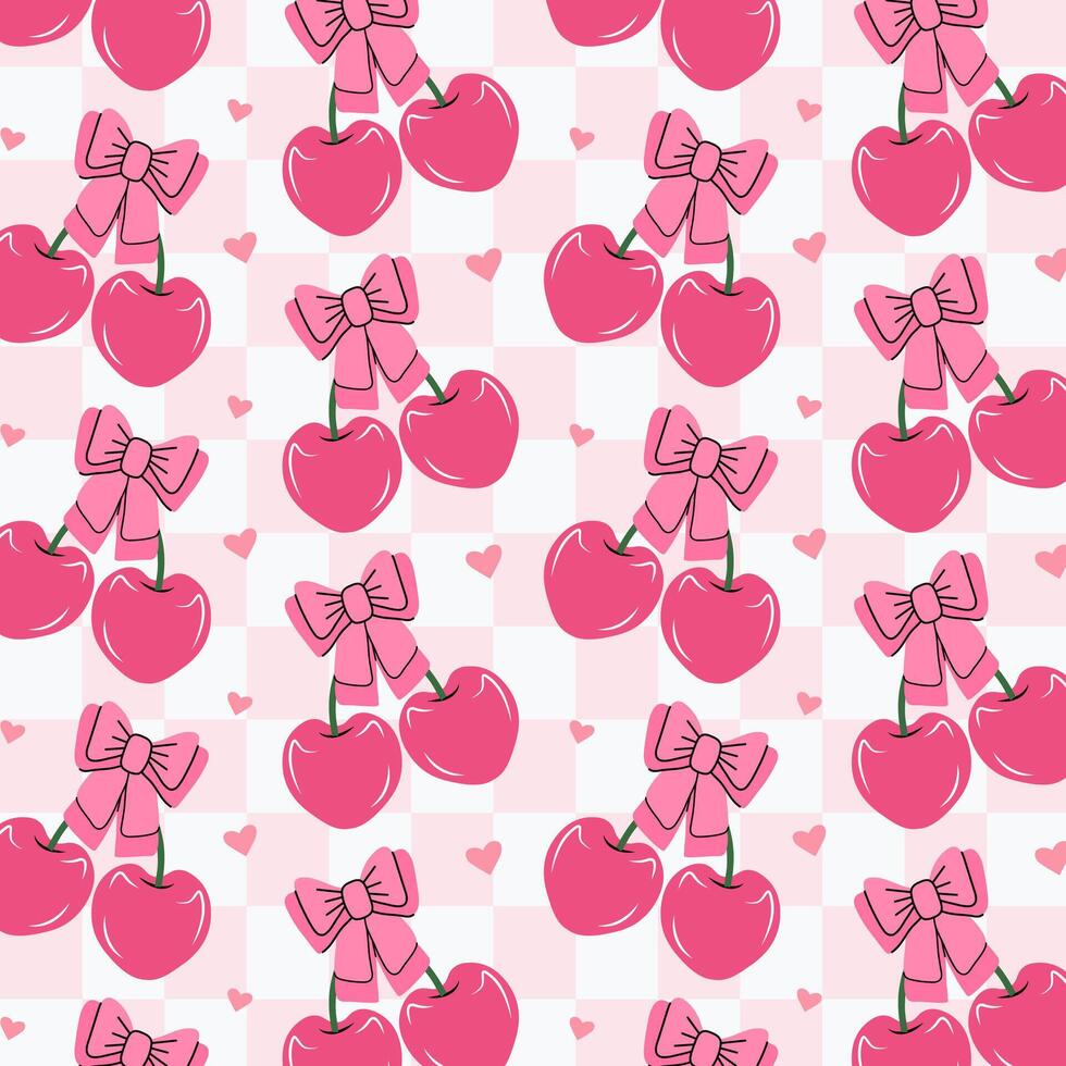 Seamless pattern of pink cherries and bows. Gift ribbons on checkered background. Coquette core cute trendy design. Design for wrapping paper, packaging, fabric, textile, home decor, gifts vector