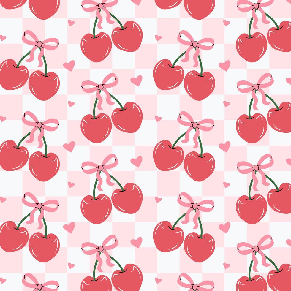 Seamless pattern of pink cherries and bows. Gift ribbons on checkered background. Coquette core cute trendy design. Design for wrapping paper, packaging, fabric, textile, home decor, gifts vector