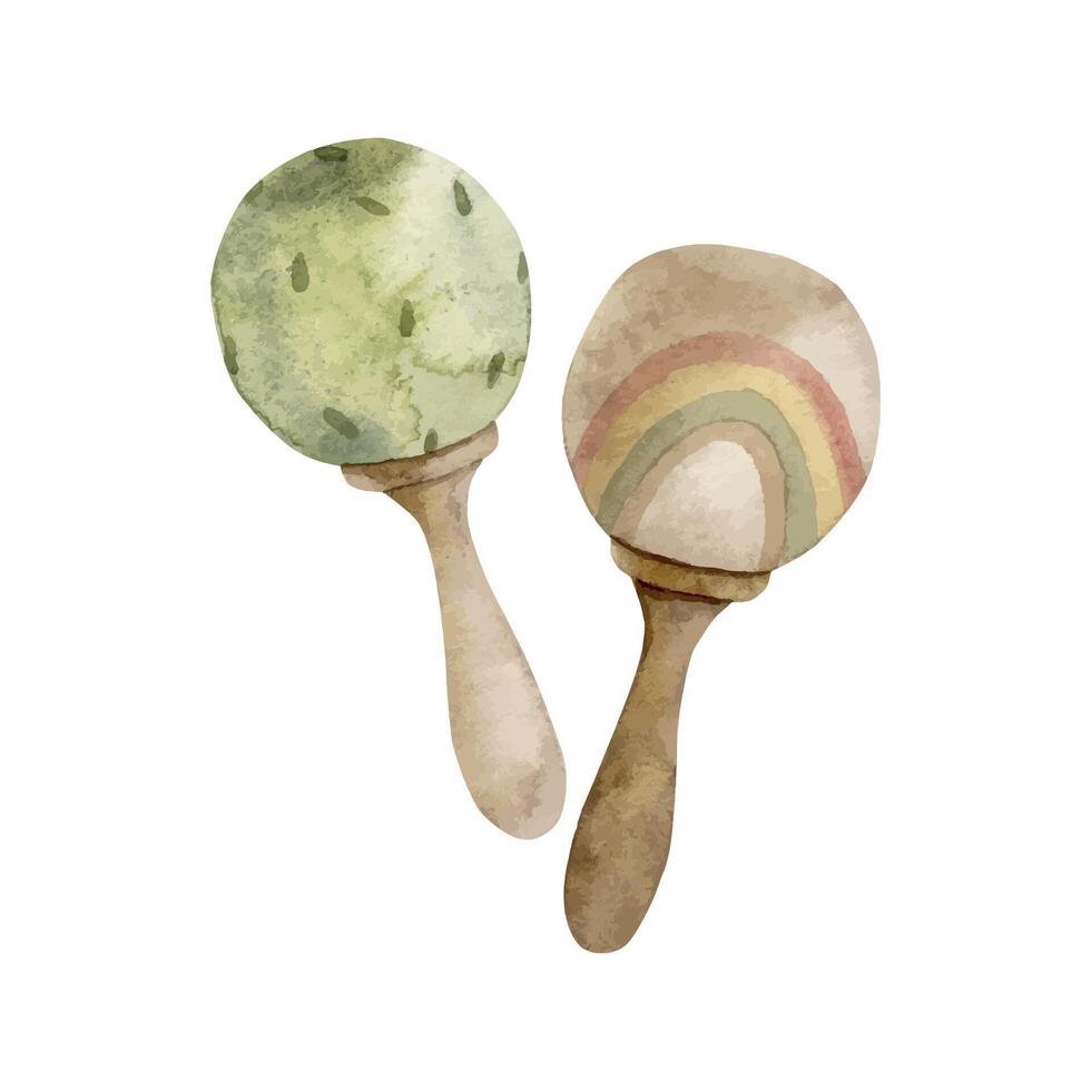 A set of children's wooden rattles in green and brown, for active children's games. Isolated watercolor illustration for cards, stickers, textiles, design, invitations, website, logo vector