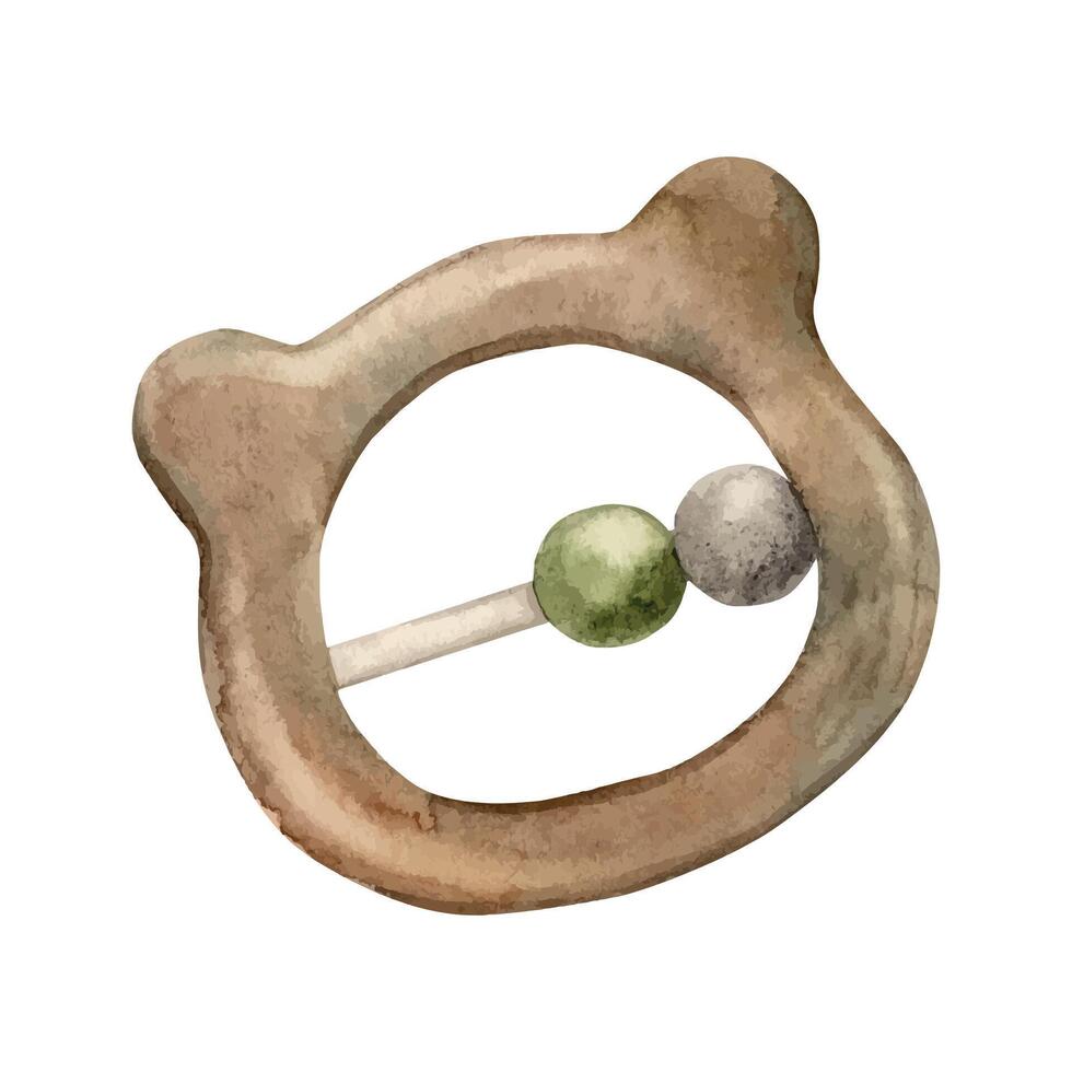 Children's wooden rattle in the shape of a bear with a green ball, for children of all ages. Isolated watercolor illustration for cards, stickers, textiles, design, invitations, website, logo. vector