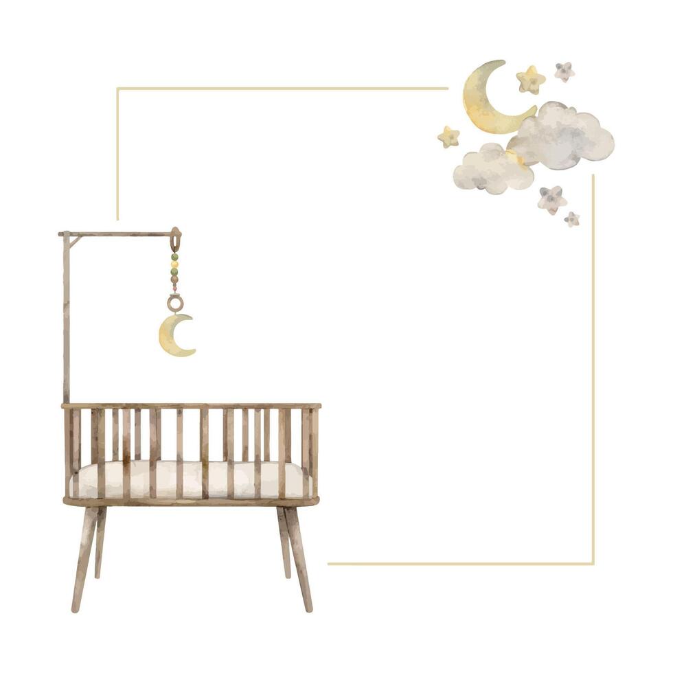 Square frame with baby crib for newborn and watercolor clouds, stars and month. Watercolor illustration for cards, stickers, textiles, design, invitations, website, logo. vector