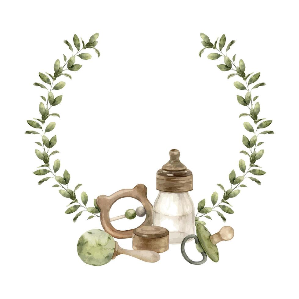 Watercolor round botanical wreath of green leaves with baby rattles, pacifier and bottle. Isolated hand drawn illustration for cards, stickers, textiles, design, invitations, logos, decoration. vector