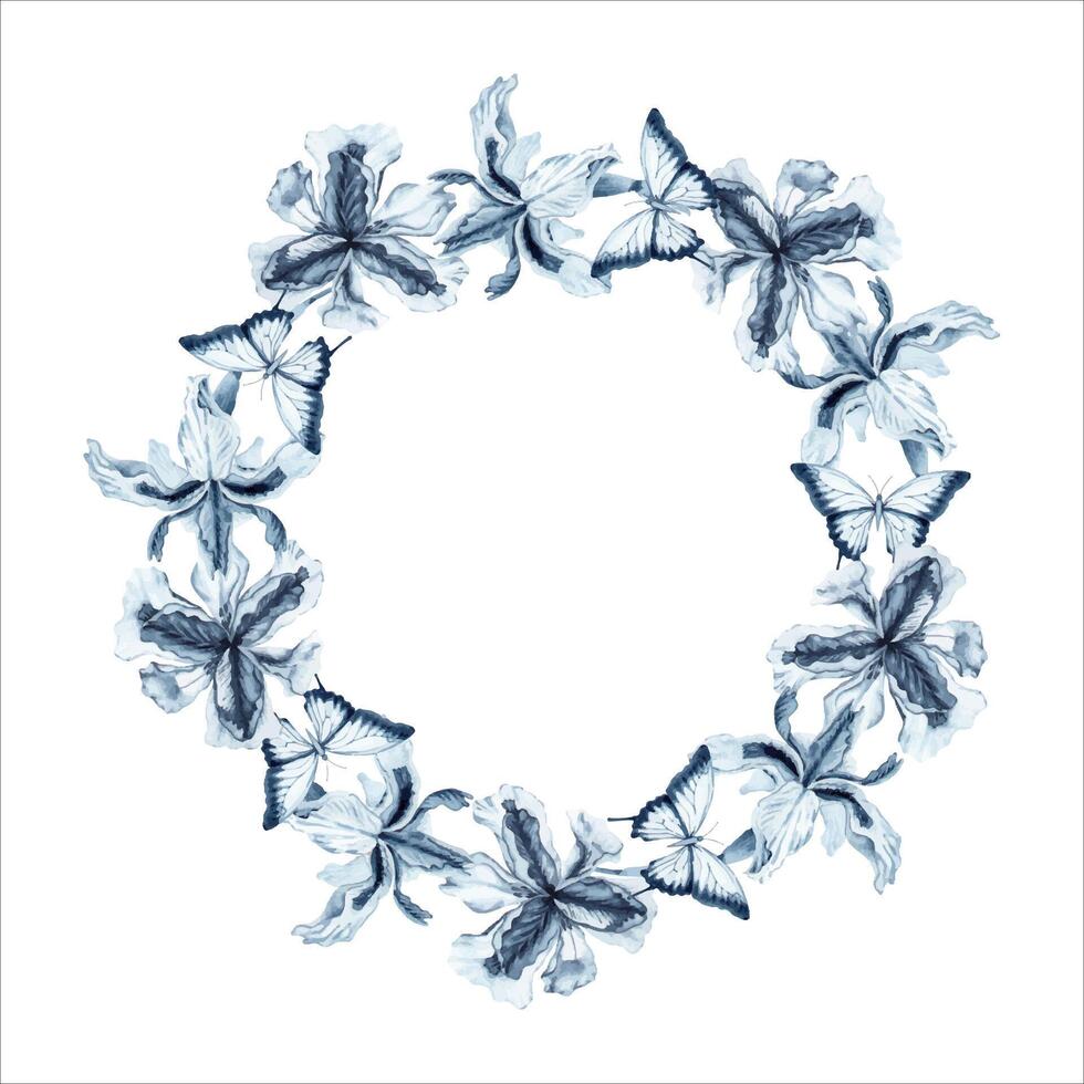 Floral wreath with blue stylish iris flowers. Hand drawn watercolor illustration isolated on white background. Indigo monochrome round frame for fashion and beauty logos, cards and invitation design vector