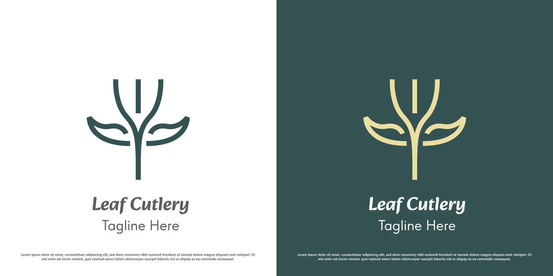 Leaf Fork logo design illustration. Silhouette of linear lines cutlery fork leaf leaves green cafe restaurant food kitchen spices drinks dinner lunch delicious green nature. Modern minimal icon. vector