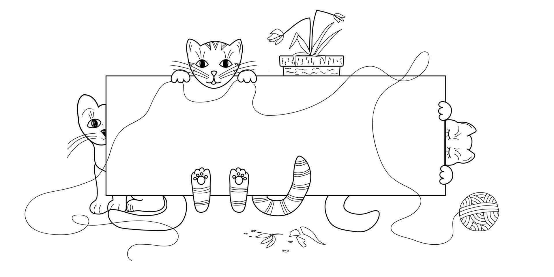 Template of cute cats playing with yarn ball on white background. vector
