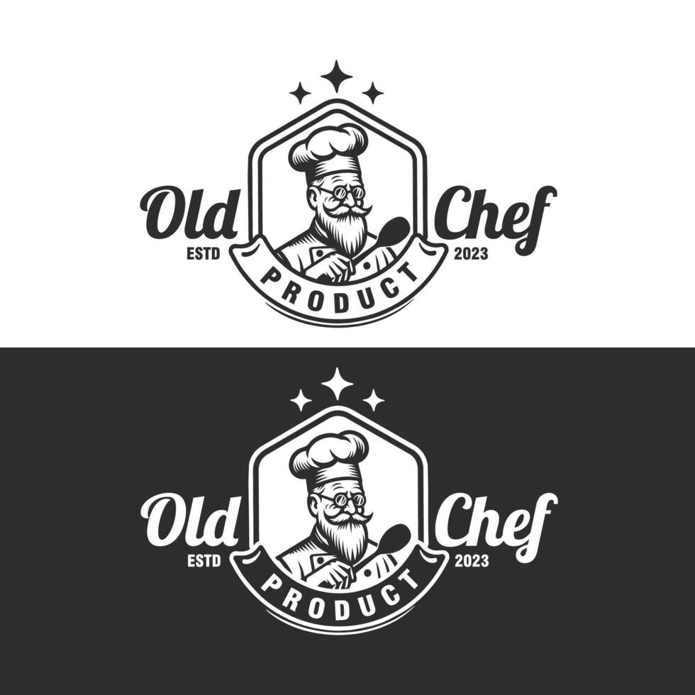 old chef man restaurant vintage badge monochrome logo design template vector