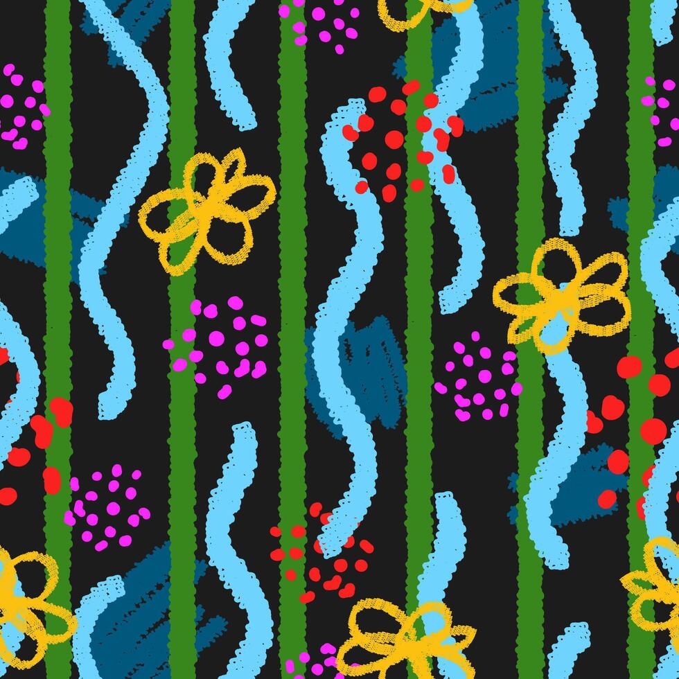 Seamless pattern with abstract lines, dots and flowers in neon colors on black Modern print for textile, fabric, wallpaper, wrapping, gift wrap, paper, scrapbook and packaging vector